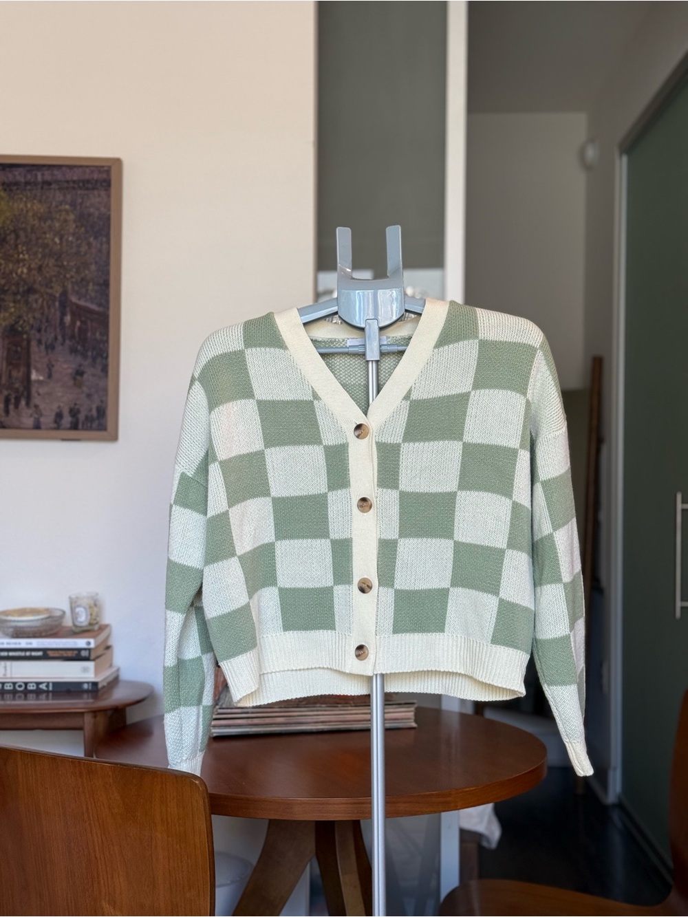 OAK + FORT - Green and Cream Checkered Cropped Cardigan